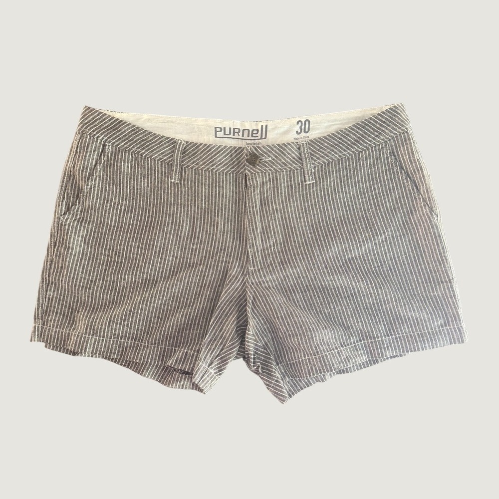 Purnell Chino Shorts Grey White Striped Linen Blend Coastal Y2K Womens 30